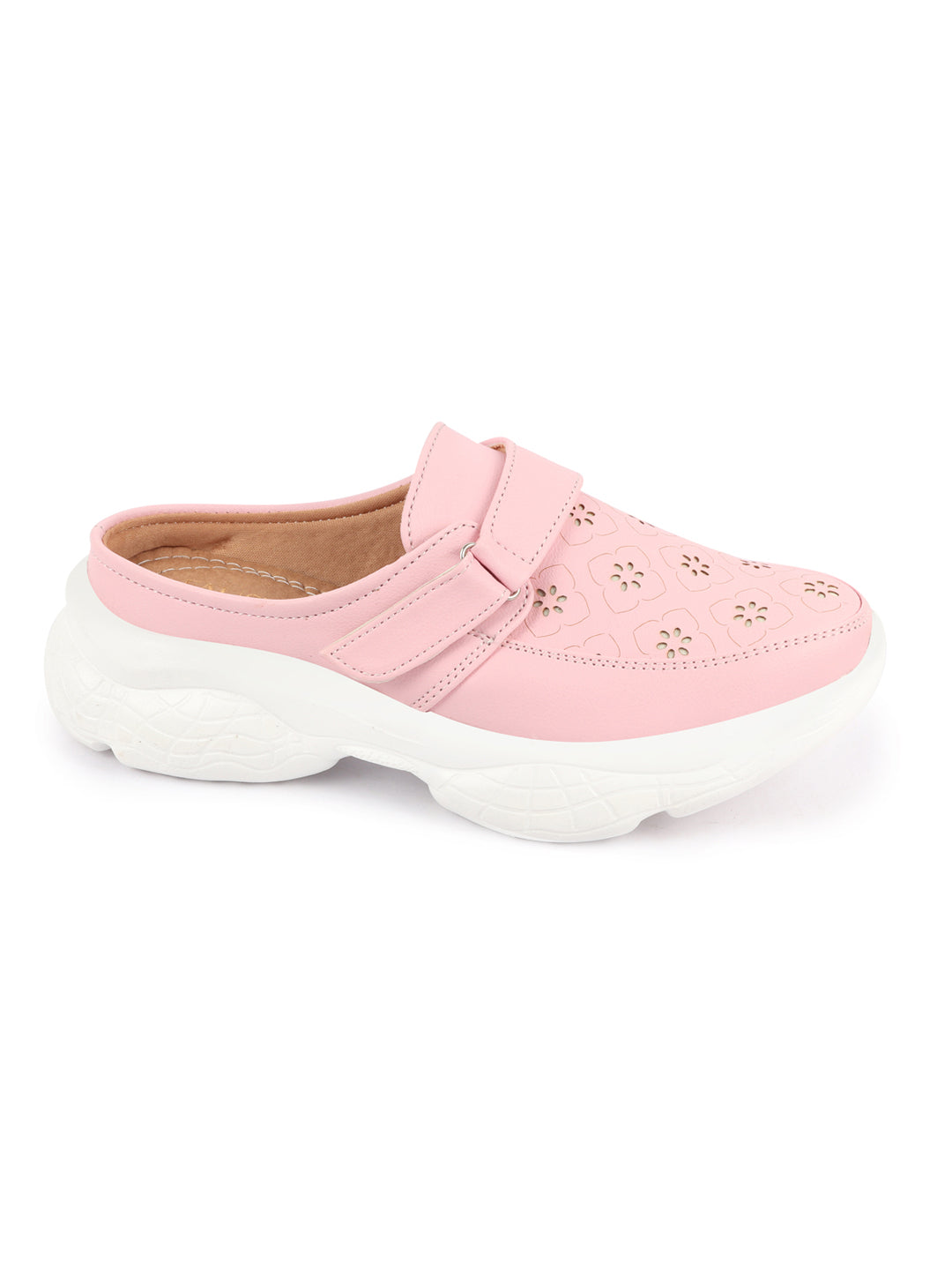 Shop Women Pink Laser Cut Floral Design Hook and Loop Back Open Slip On Mules Shoes Online.