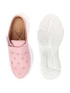 Shop Women Pink Laser Cut Floral Design Hook and Loop Back Open Slip On Mules Shoes Online.