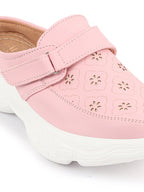 Shop Women Pink Laser Cut Floral Design Hook and Loop Back Open Slip On Mules Shoes Online.