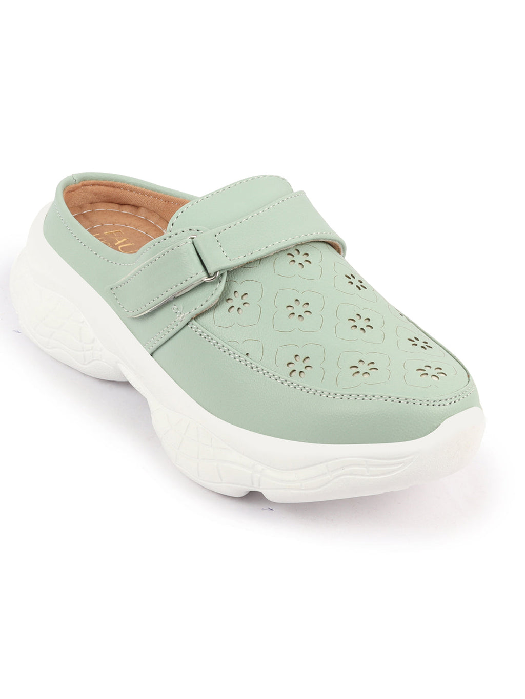 Shop Women Pista Green Laser Cut Floral Design Hook and Loop Back Open Slip On Mules Shoes Online.