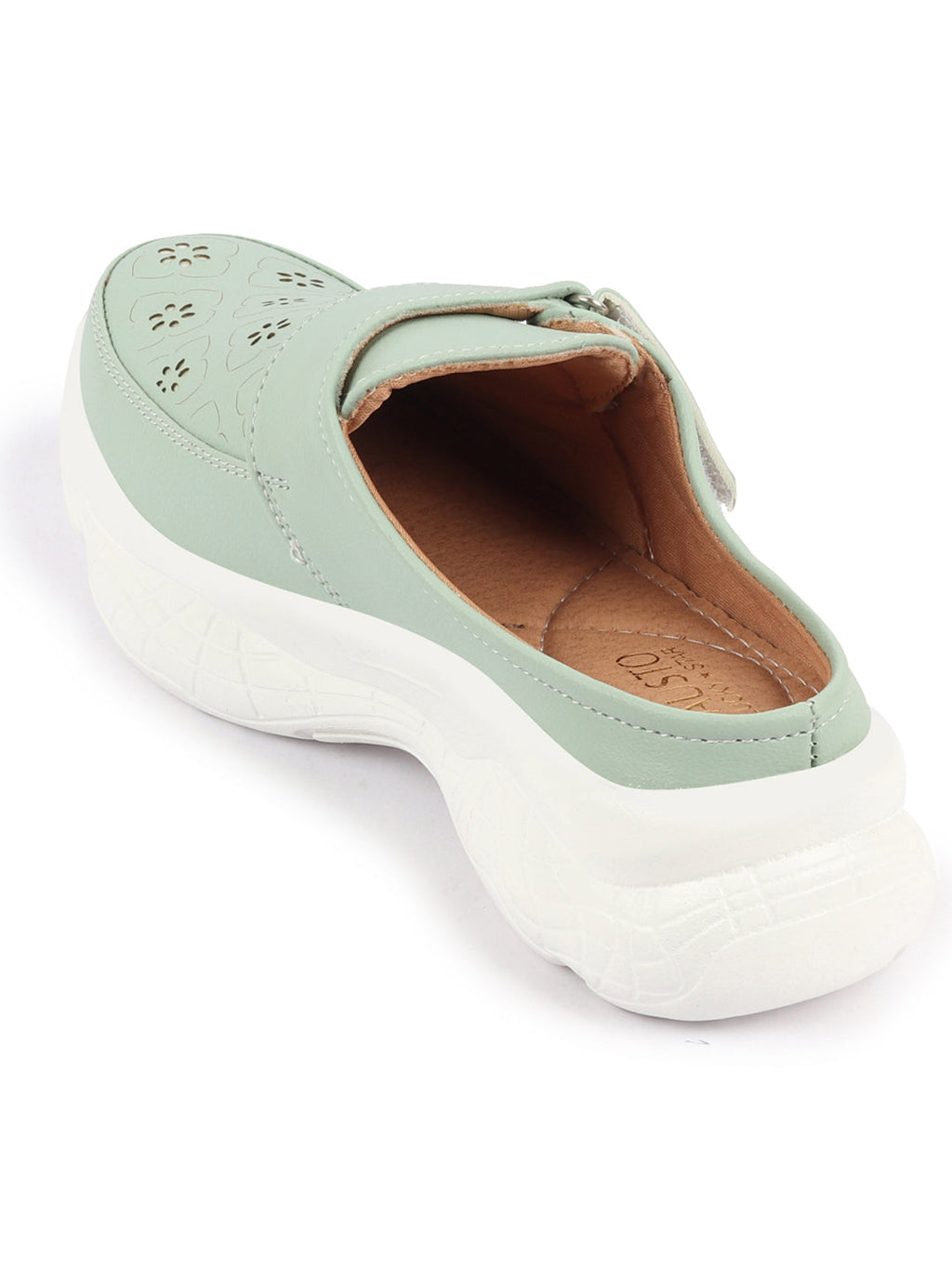 Shop Women Pista Green Laser Cut Floral Design Hook and Loop Back Open Slip On Mules Shoes Online.