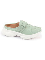 Shop Women Pista Green Laser Cut Floral Design Hook and Loop Back Open Slip On Mules Shoes Online.