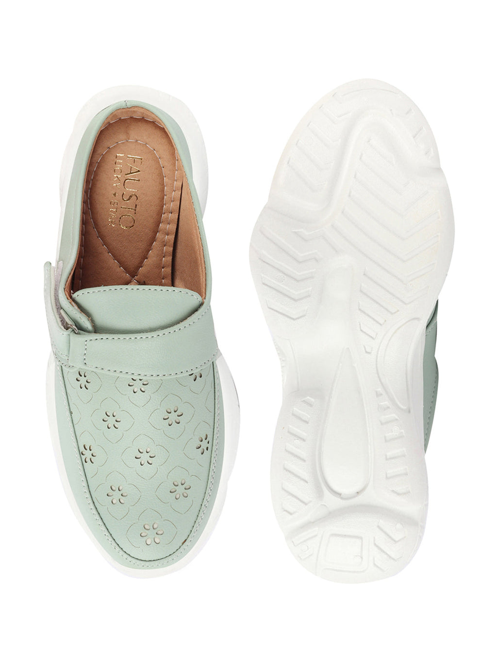 Shop Women Pista Green Laser Cut Floral Design Hook and Loop Back Open Slip On Mules Shoes Online.