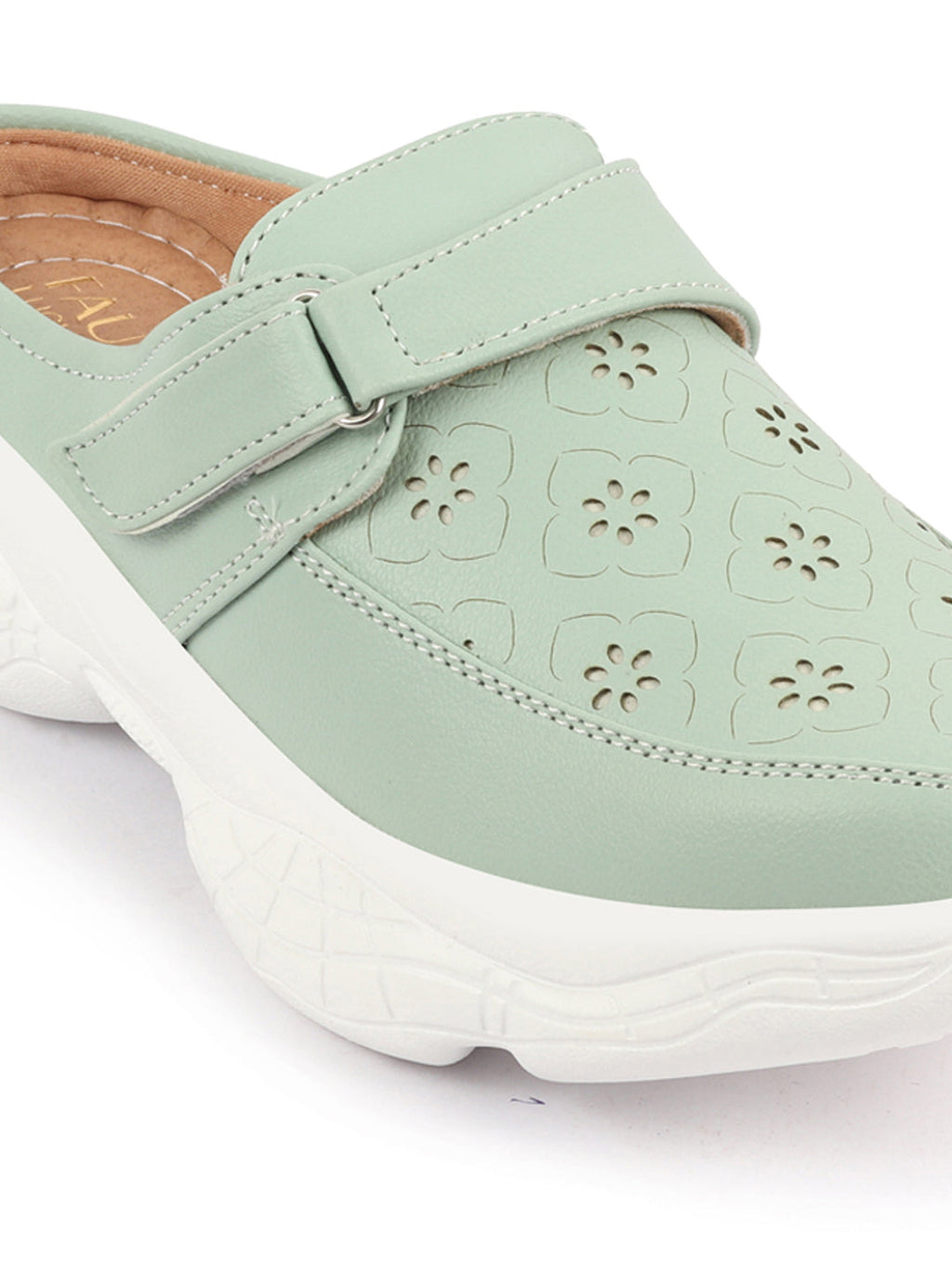 Shop Women Pista Green Laser Cut Floral Design Hook and Loop Back Open Slip On Mules Shoes Online.
