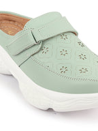 Shop Women Pista Green Laser Cut Floral Design Hook and Loop Back Open Slip On Mules Shoes Online.