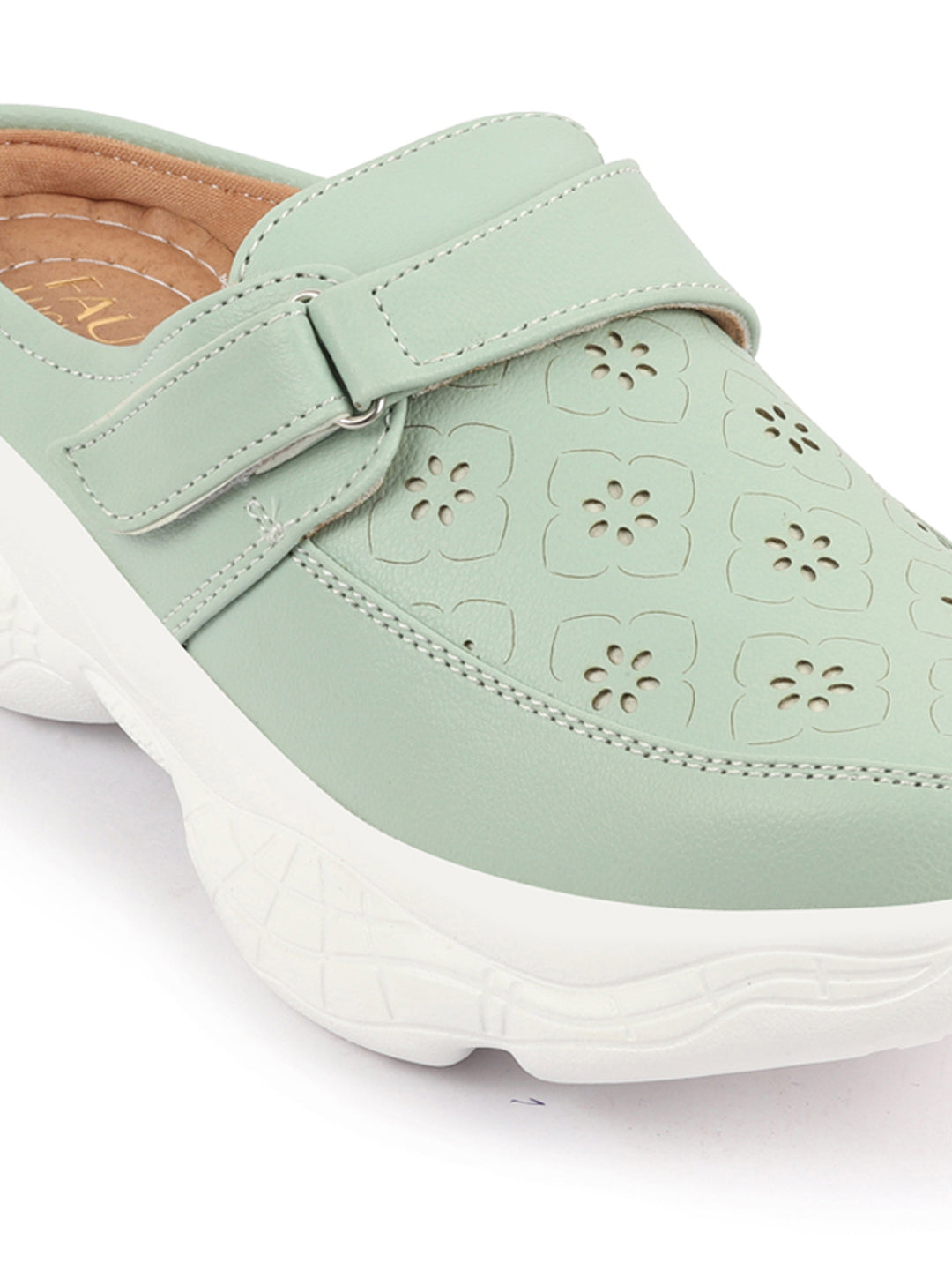 Shop Women Pista Green Laser Cut Floral Design Hook and Loop Back Open Slip On Mules Shoes Online.