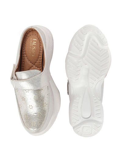 Shop Women Silver Laser Cut Floral Design Hook and Loop Back Open Slip On Mules Shoes Online.