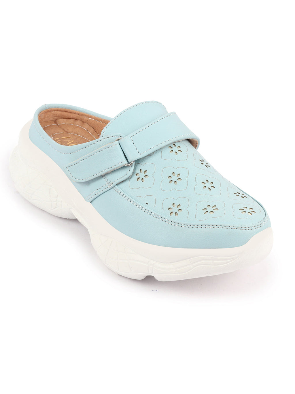 Shop Women Sky Blue Laser Cut Floral Design Hook and Loop Back Open Slip On Mules Shoes Online.
