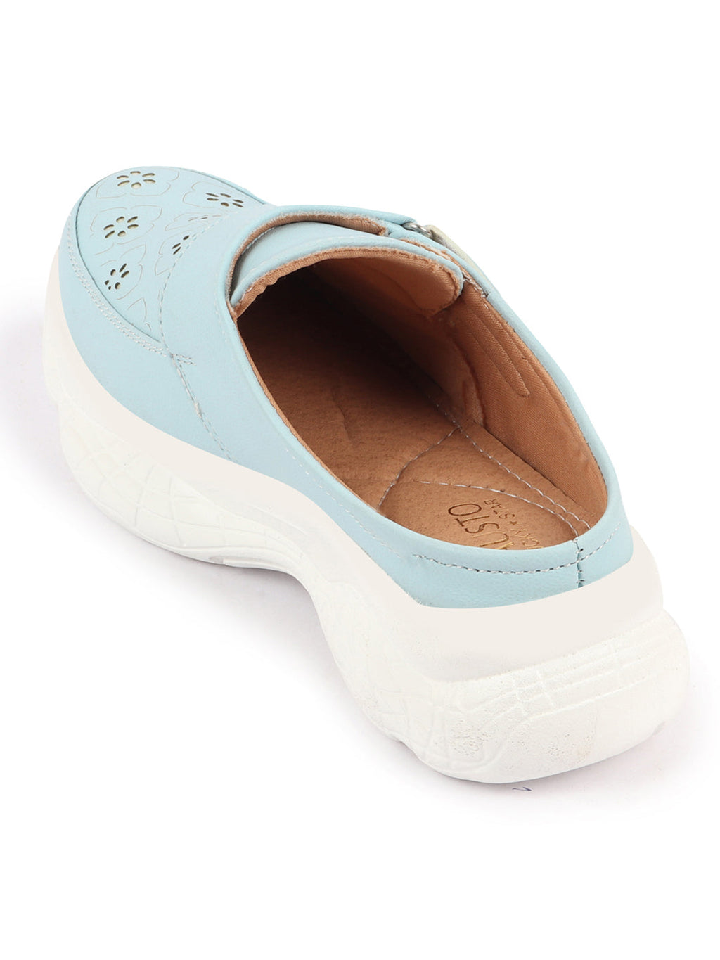 Shop Women Sky Blue Laser Cut Floral Design Hook and Loop Back Open Slip On Mules Shoes Online.