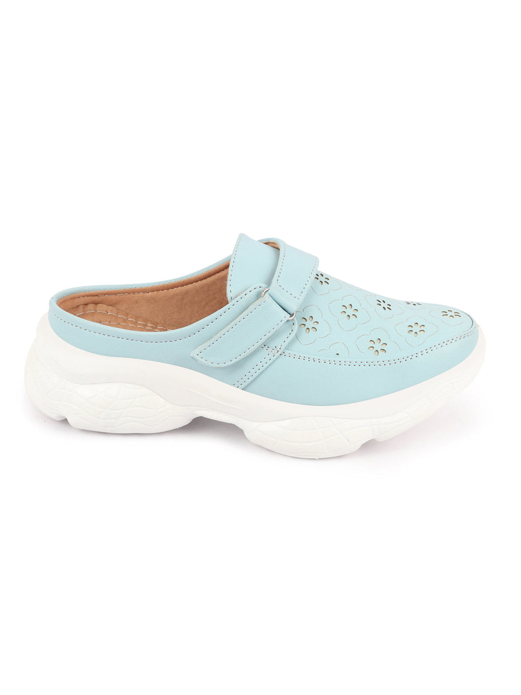 Shop Women Sky Blue Laser Cut Floral Design Hook and Loop Back Open Slip On Mules Shoes Online.