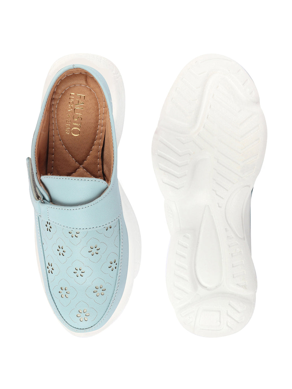 Shop Women Sky Blue Laser Cut Floral Design Hook and Loop Back Open Slip On Mules Shoes Online.