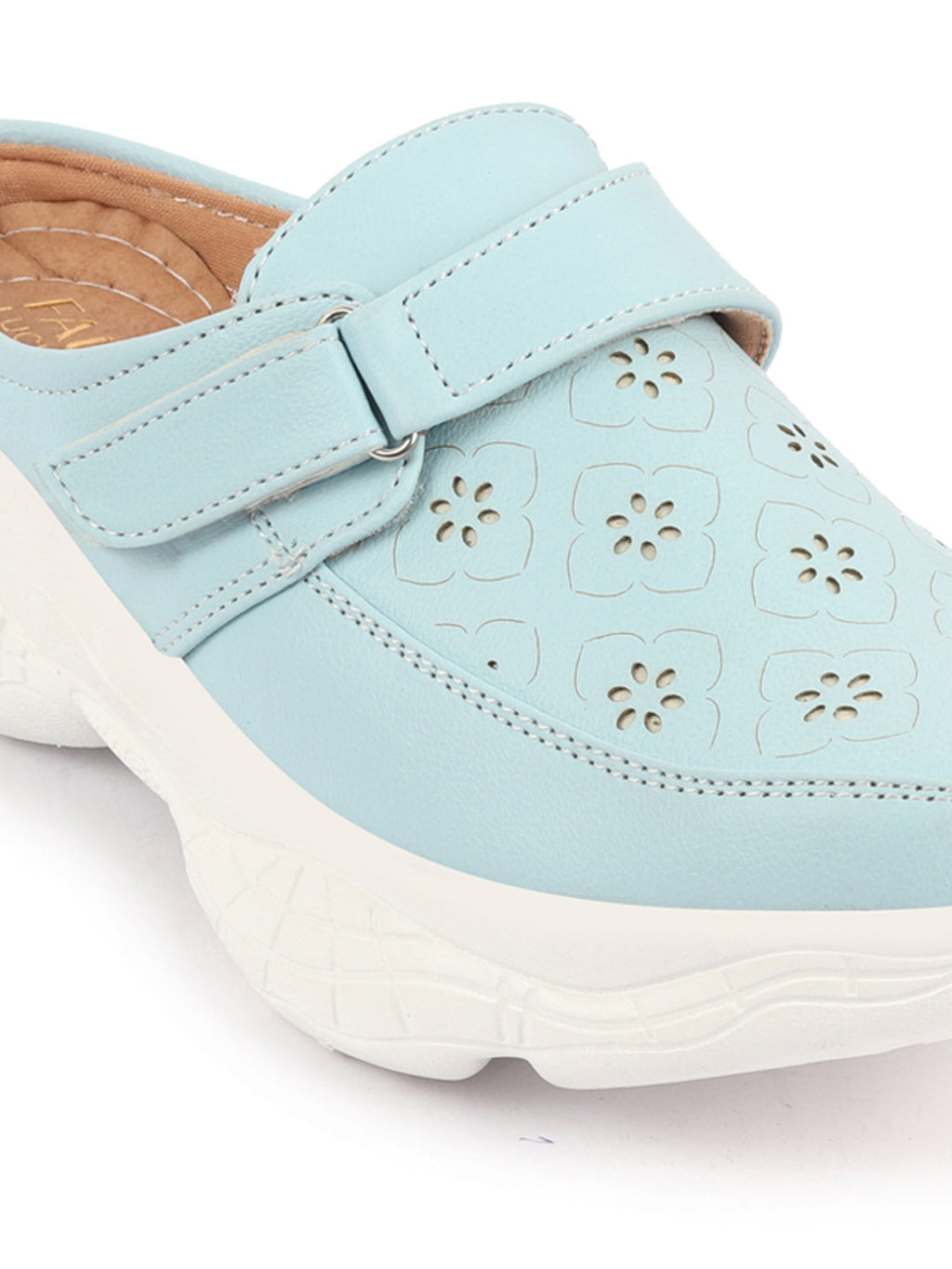 Shop Women Sky Blue Laser Cut Floral Design Hook and Loop Back Open Slip On Mules Shoes Online.
