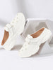 Women White Laser Cut Floral Design Hook and Loop Back Open Slip On Mules Shoes