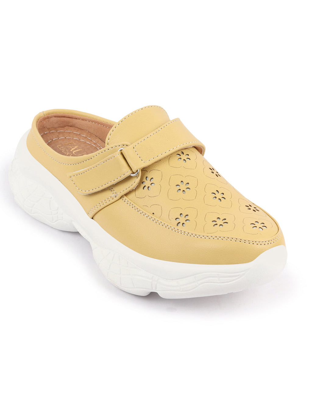 Shop Women Yellow Laser Cut Floral Design Hook and Loop Back Open Slip On Mules Shoes Online.