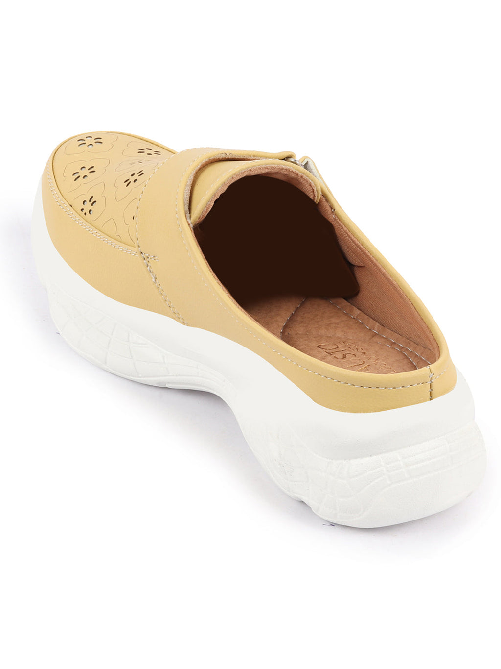 Shop Women Yellow Laser Cut Floral Design Hook and Loop Back Open Slip On Mules Shoes Online.