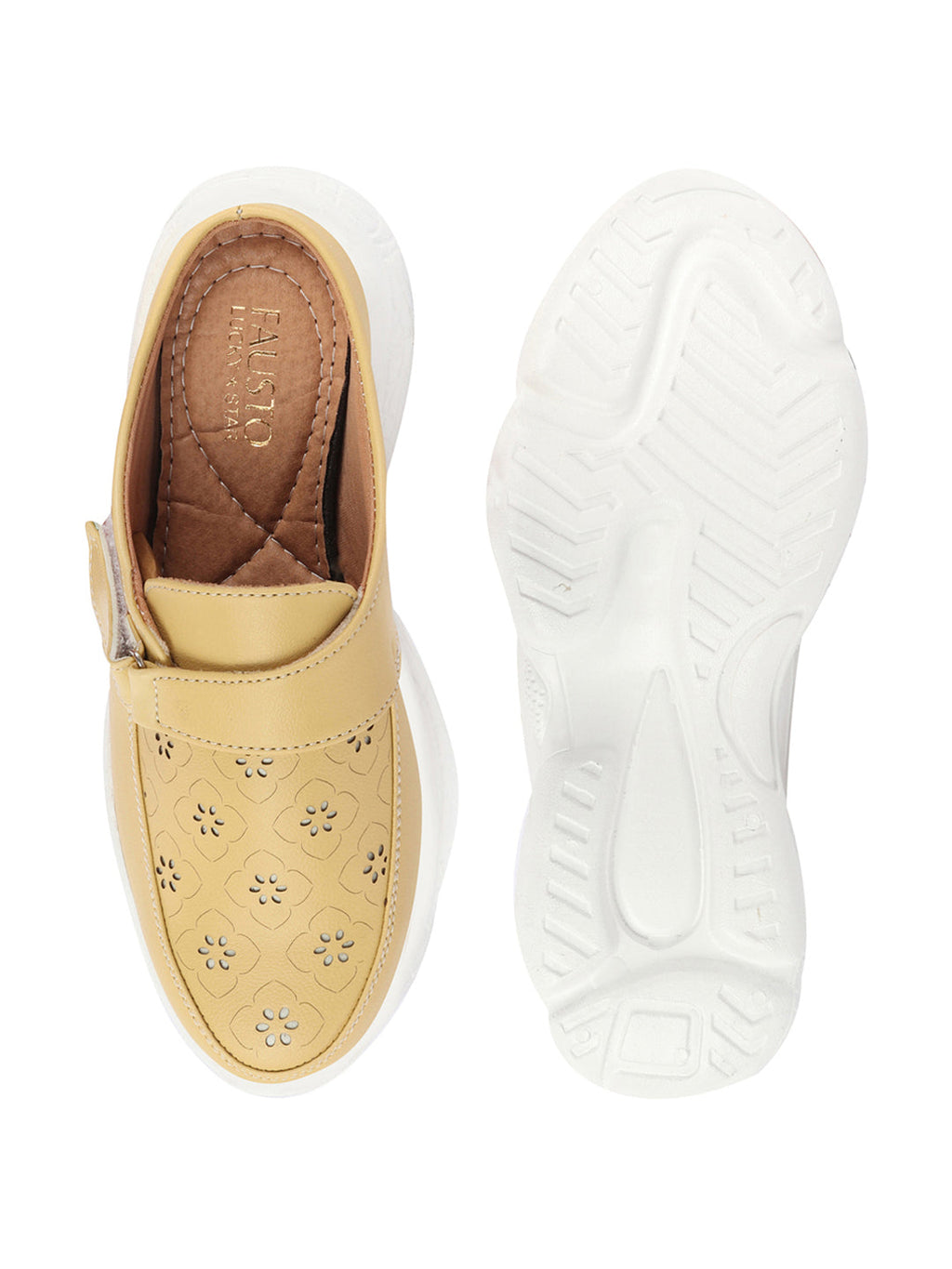 Shop Women Yellow Laser Cut Floral Design Hook and Loop Back Open Slip On Mules Shoes Online.