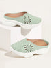 Women Pista Green Laser Cut Design Stitched Breathable Back Open Slip On Mules Shoes