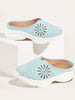 Women Sky Blue Laser Cut Design Stitched Breathable Back Open Slip On Mules Shoes