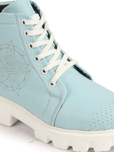 Buy Women Sky Blue Winter Chunky Lace Up Casual Boots Online