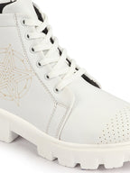 Shop Women White Outdoor Winter High Top Chunky Lace Up Casual Boots Online.