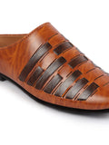 Men Tan Back Open Knitted Ethnic Mules Wedding Shoes