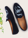 Men Blue Velvet Leaf Print Embroidery Slip On Party Loafers