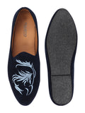 Men Blue Velvet Leaf Print Embroidery Slip On Party Loafers