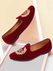 Men Red Velvet Leaf Print Embroidery Slip On Party Loafers