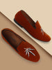 Men Tan Velvet Leaf Print Embroidery Slip On Party Loafers