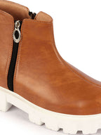 Shop Women Tan Outdoor High Top Chunky Side Zipper Office Work Boots Online.
