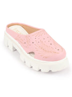 Shop Women Pink Fashion Outdoor Leaf Print Laser Cut Design Open Back Slip On Casual Shoes Online.