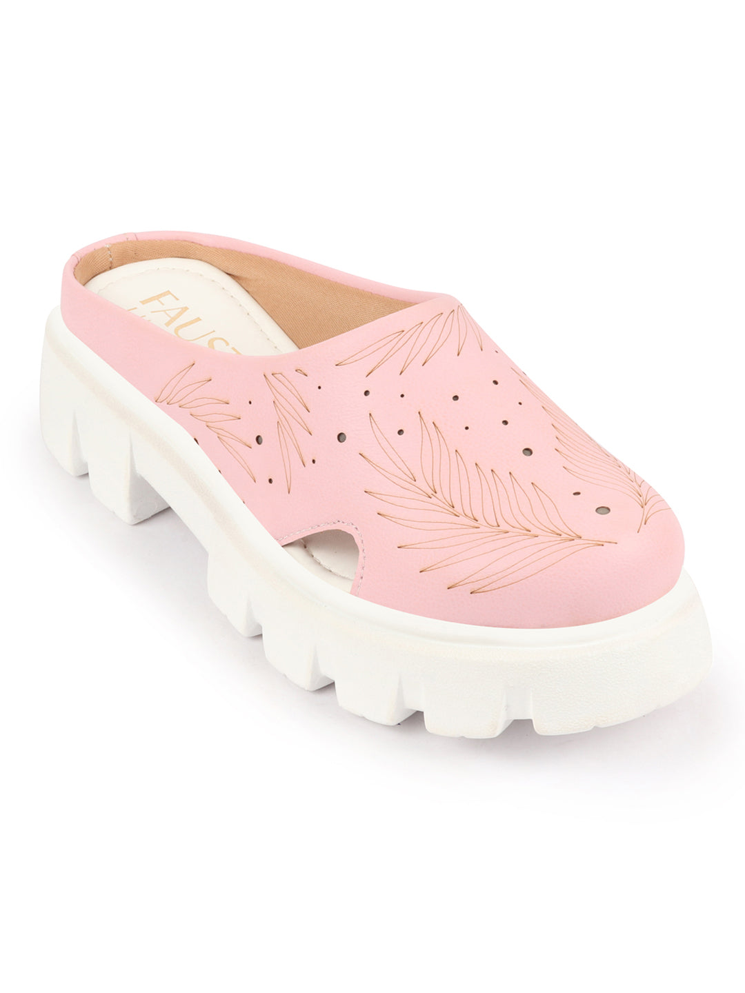Shop Women Pink Fashion Outdoor Leaf Print Laser Cut Design Open Back Slip On Casual Shoes Online.