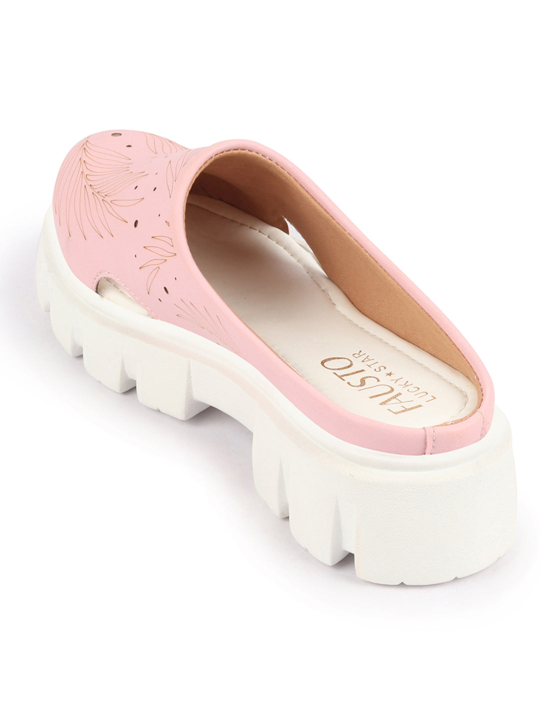 Shop Women Pink Fashion Outdoor Leaf Print Laser Cut Design Open Back Slip On Casual Shoes Online.