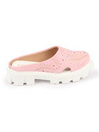 Shop Women Pink Fashion Outdoor Leaf Print Laser Cut Design Open Back Slip On Casual Shoes Online.