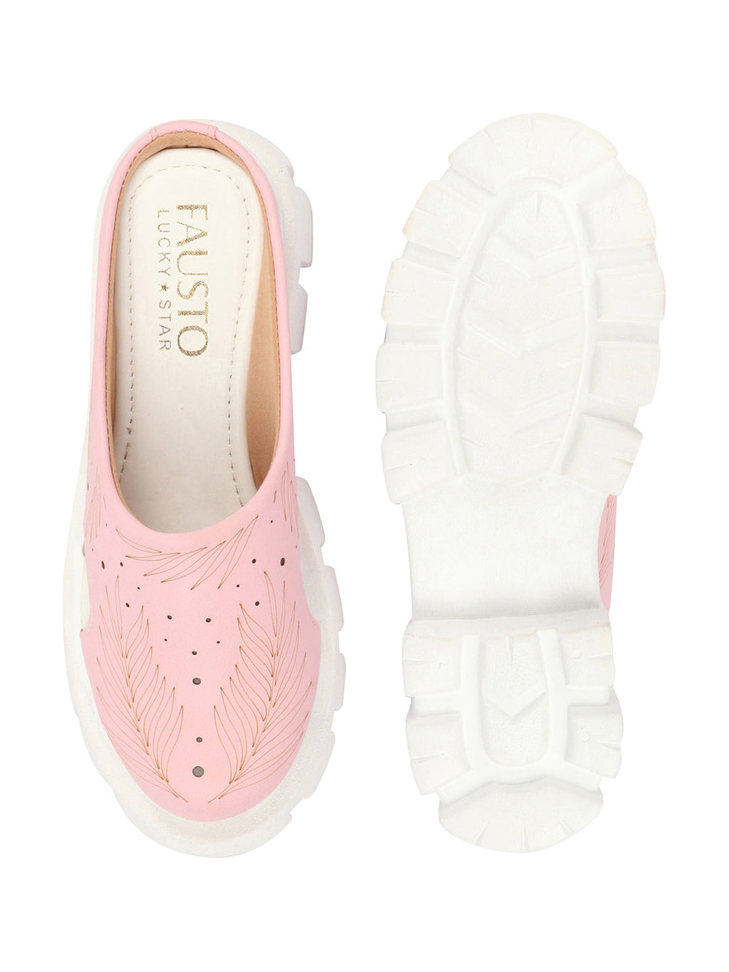 Shop Women Pink Fashion Outdoor Leaf Print Laser Cut Design Open Back Slip On Casual Shoes Online.