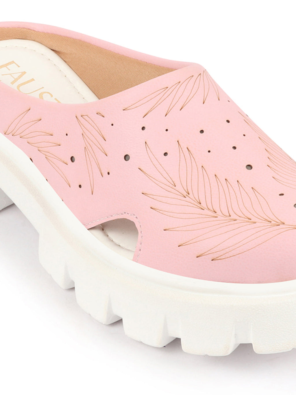 Shop Women Pink Fashion Outdoor Leaf Print Laser Cut Design Open Back Slip On Casual Shoes Online.