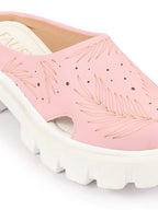 Shop Women Pink Fashion Outdoor Leaf Print Laser Cut Design Open Back Slip On Casual Shoes Online.