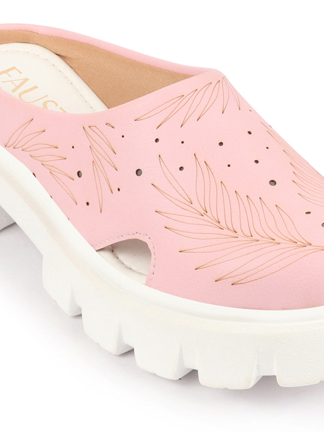 Shop Women Pink Fashion Outdoor Leaf Print Laser Cut Design Open Back Slip On Casual Shoes Online.