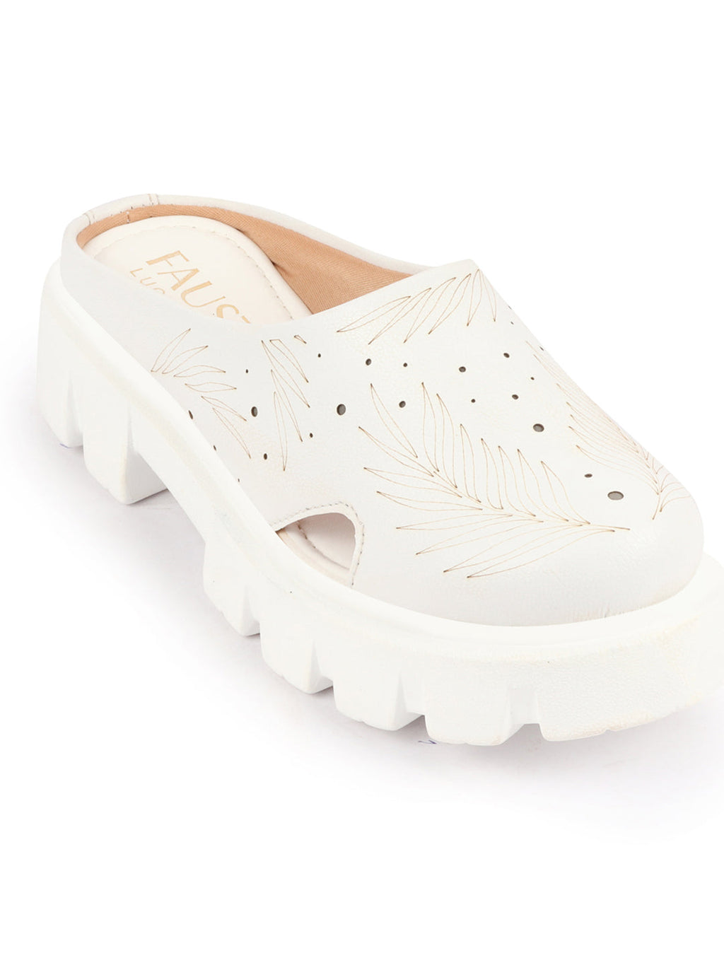 Shop Women White Fashion Outdoor Leaf Print Laser Cut Design Open Back Slip On Casual Shoes Online.