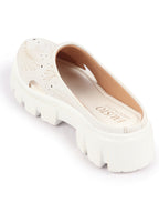 Shop Women White Fashion Outdoor Leaf Print Laser Cut Design Open Back Slip On Casual Shoes Online.