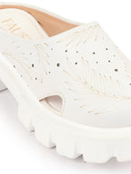 Shop Women White Fashion Outdoor Leaf Print Laser Cut Design Open Back Slip On Casual Shoes Online.