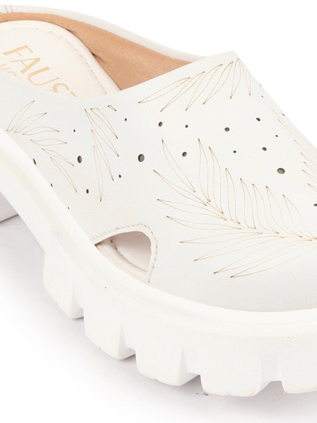 Shop Women White Fashion Outdoor Leaf Print Laser Cut Design Open Back Slip On Casual Shoes Online.