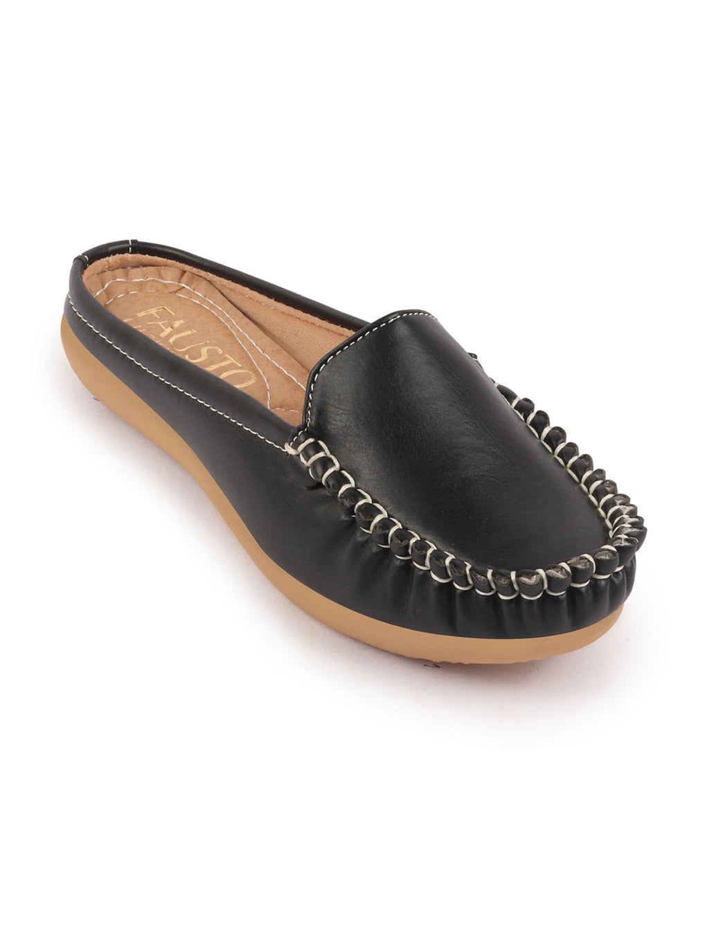 Shop Women Black Side Stitched Back Open Slip On Mules Shoes Online.