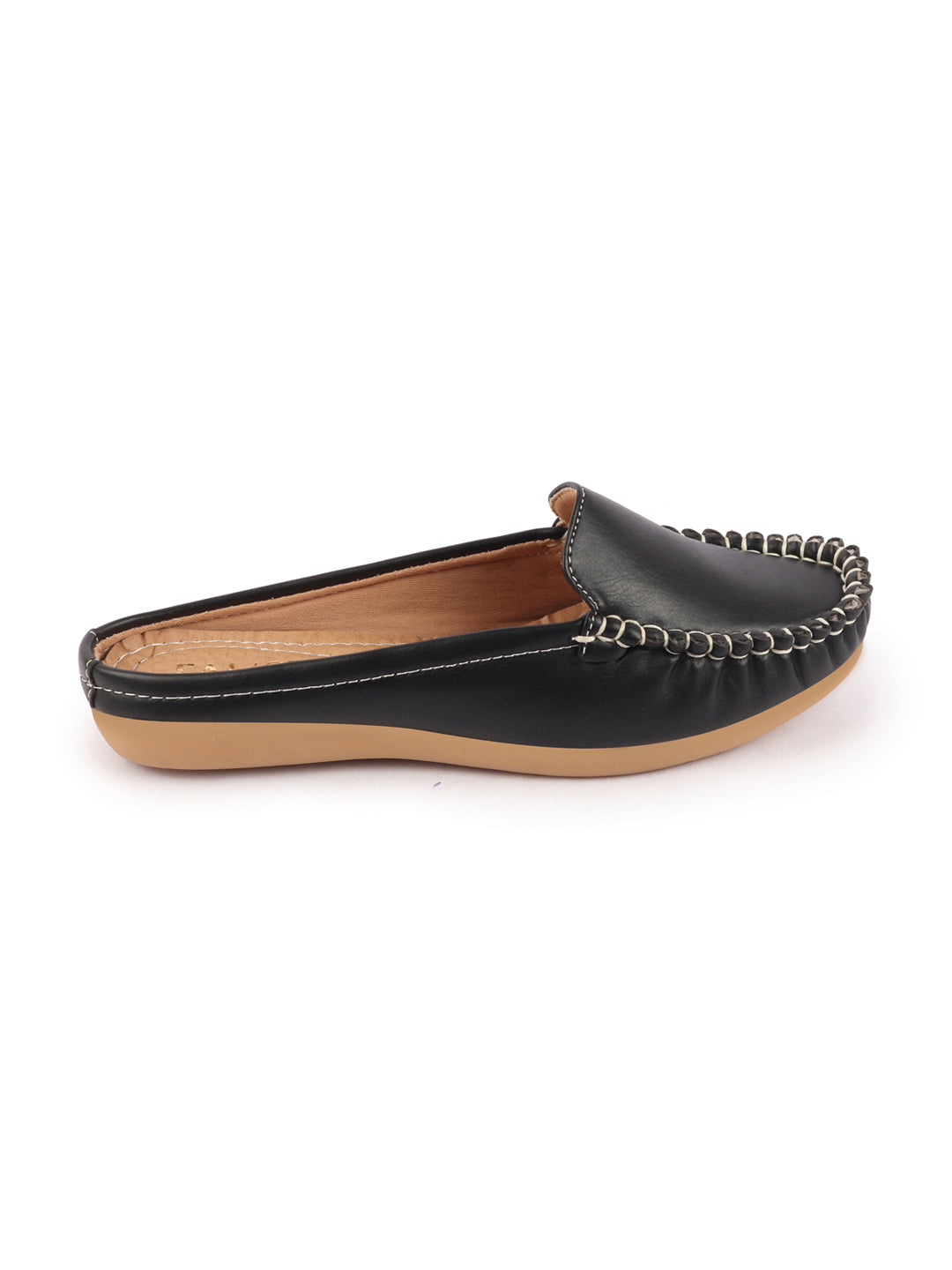 Shop Women Black Side Stitched Back Open Slip On Mules Shoes Online.