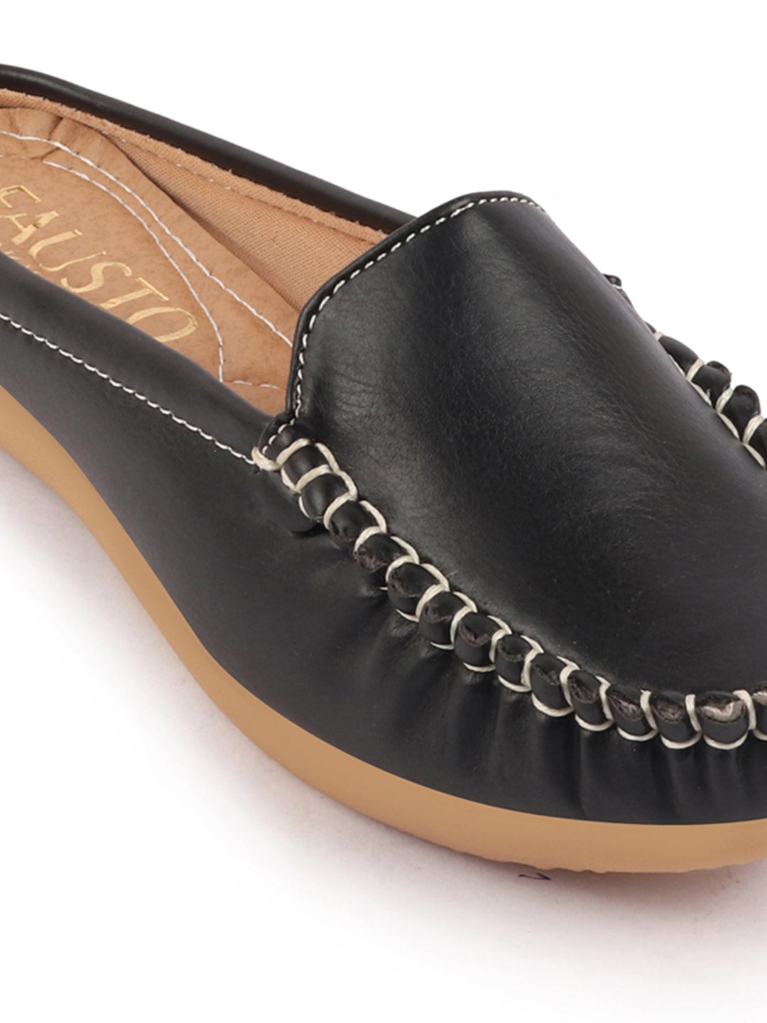 Shop Women Black Side Stitched Back Open Slip On Mules Shoes Online.