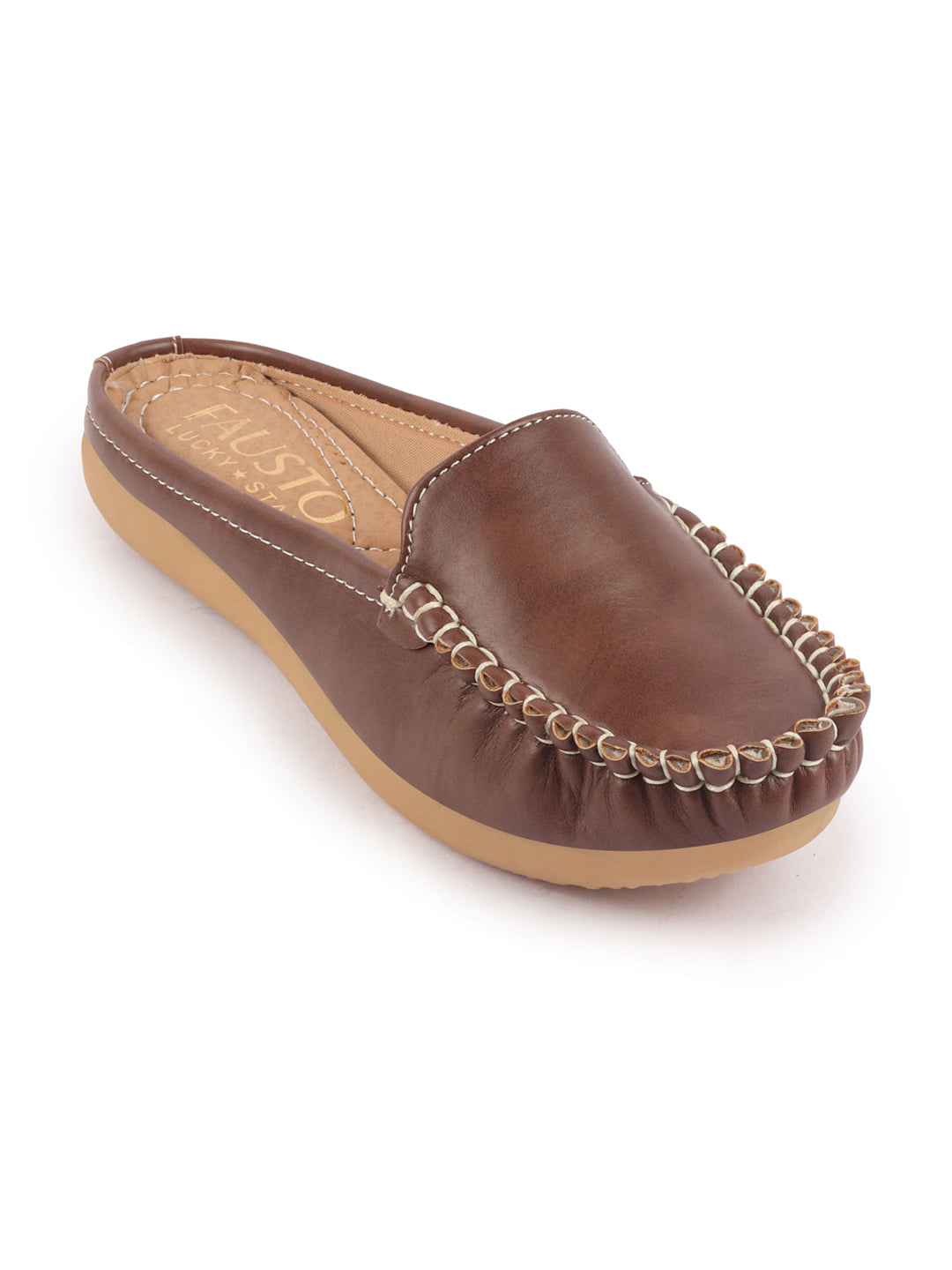 Shop Women Brown Side Stitched Back Open Slip On Mules Shoes Online.