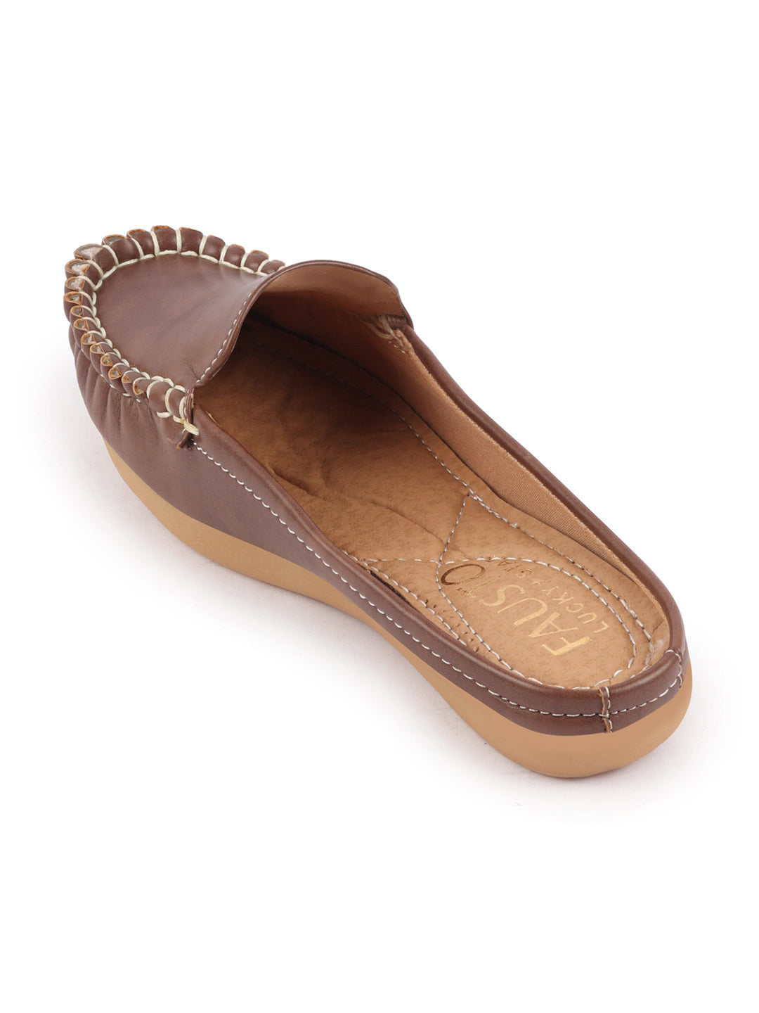 Shop Women Brown Side Stitched Back Open Slip On Mules Shoes Online.