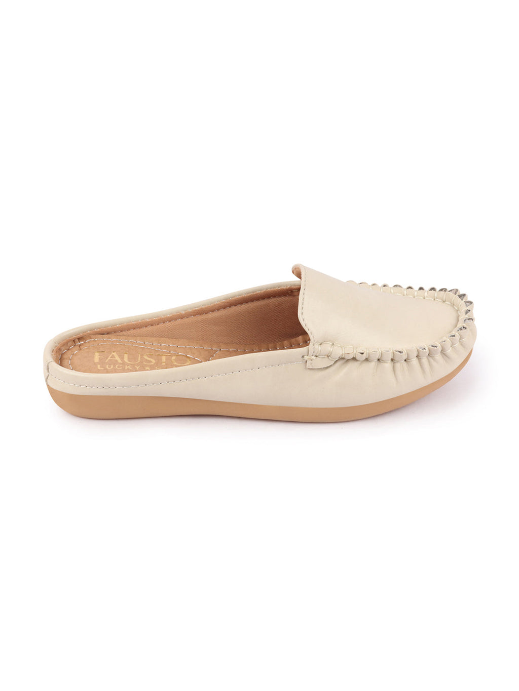Shop Women Cream Side Stitched Back Open Slip On Mules Shoes Online.