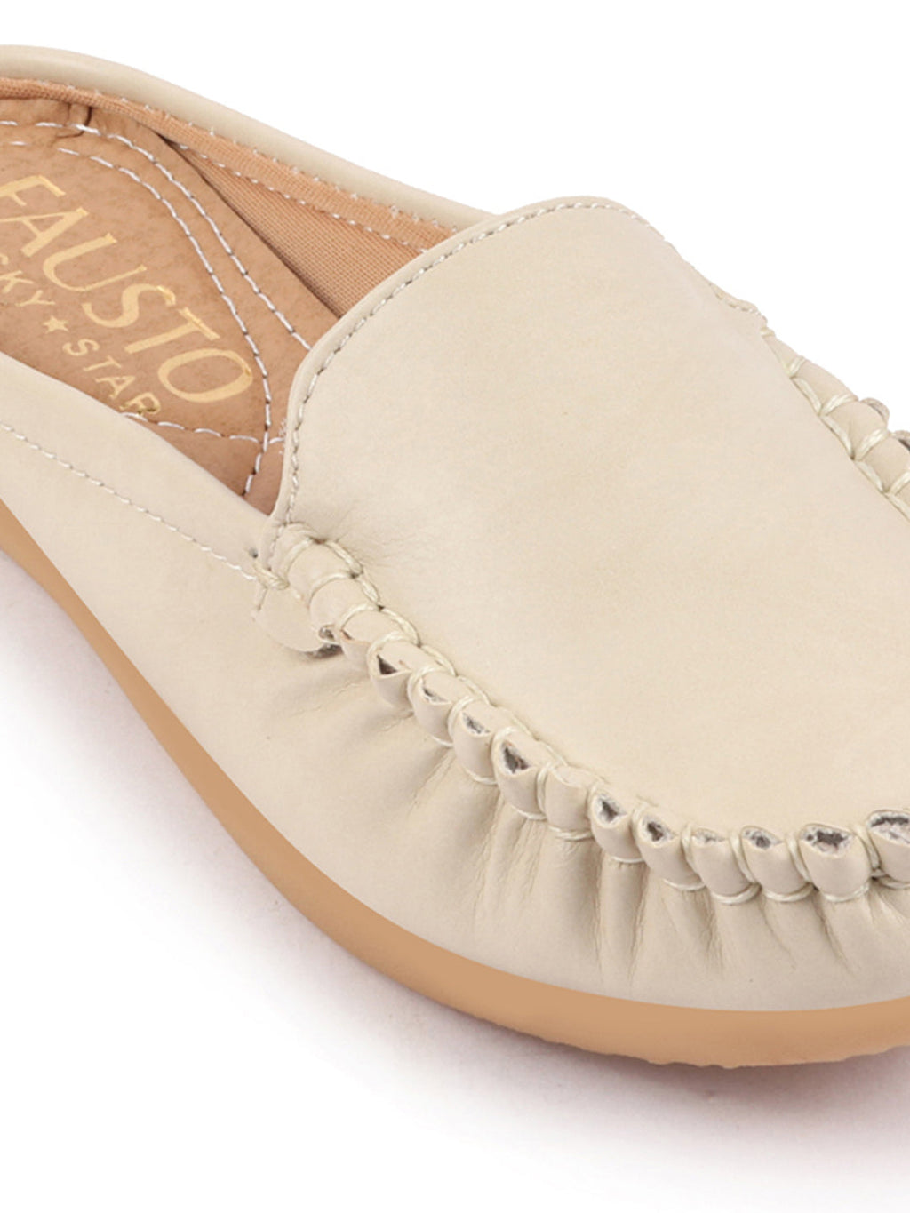 Shop Women Cream Side Stitched Back Open Slip On Mules Shoes Online.