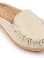 Shop Women Cream Side Stitched Back Open Slip On Mules Shoes Online.